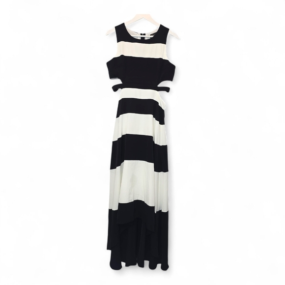GRACIA Cutout Maxi Dress Bold Stripe Hi-Low Hem B&W Sz Large Gown Mod Minimalist - Picture 2 of 16